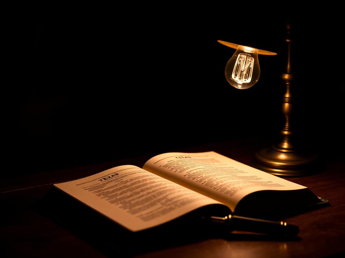 Open Texas law book on mahogany desk